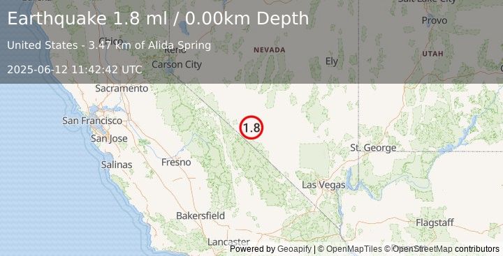 Earthquake 20 km SW of Goldfield, Nevada (1.8 ml) (2025-06-12 11:42:42 UTC)