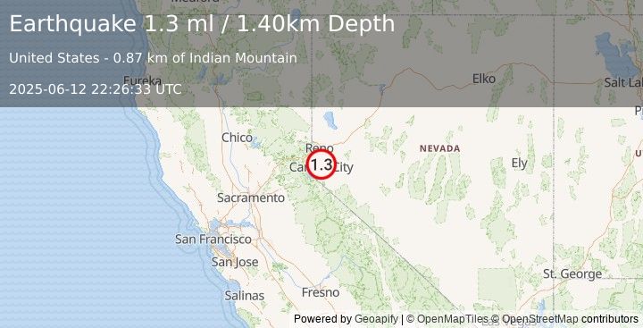 Earthquake 6 km N of Carson City, Nevada (1.3 ml) (2025-06-12 22:26:33 UTC)