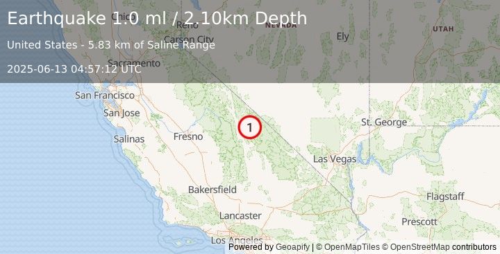 Earthquake 38 km ENE of Independence, California (1.0 ml) (2025-06-13 04:57:12 UTC)