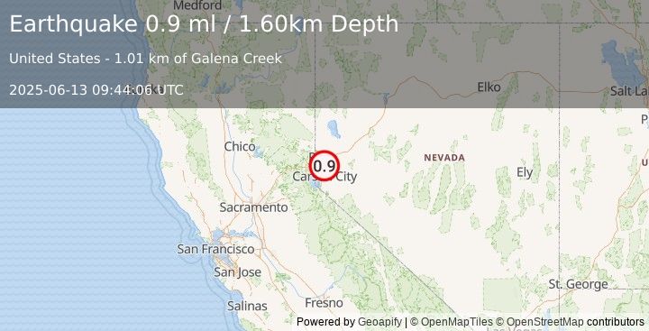 Earthquake 12 km WNW of Virginia City, Nevada (0.9 ml) (2025-06-13 09:44:06 UTC)