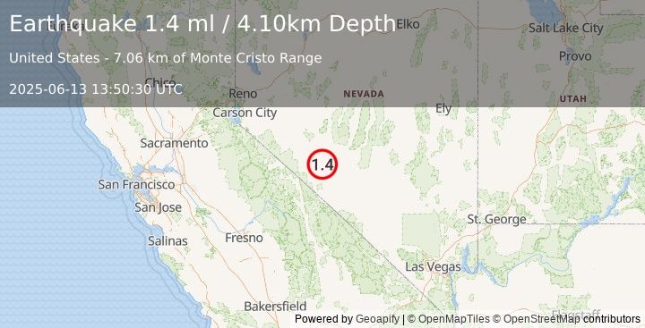 Earthquake 32 km SE of Mina, Nevada (1.4 ml) (2025-06-13 13:50:30 UTC)
