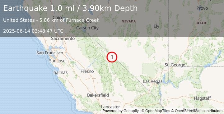 Earthquake 14 km SSE of Dyer, Nevada (1.0 ml) (2025-06-14 03:48:47 UTC)