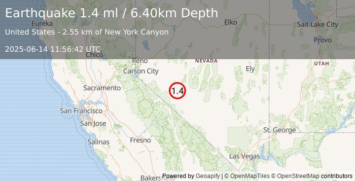 Earthquake 10 km NNW of Mina, Nevada (1.4 ml) (2025-06-14 11:56:42 UTC)