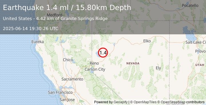 Earthquake 40 km NNE of Nixon, Nevada (1.4 ml) (2025-06-14 19:30:26 UTC)