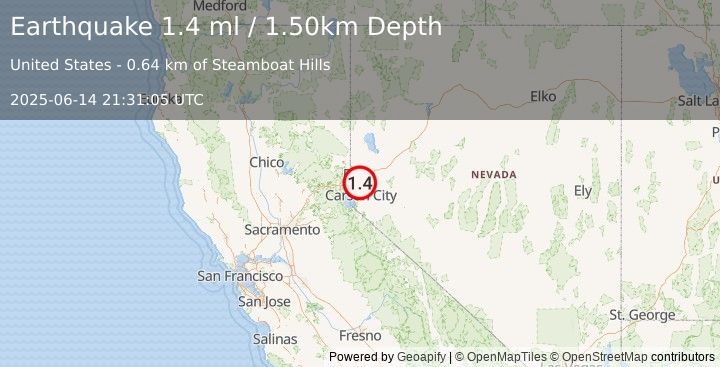 Earthquake 13 km WNW of Virginia City, Nevada (1.4 ml) (2025-06-14 21:31:05 UTC)