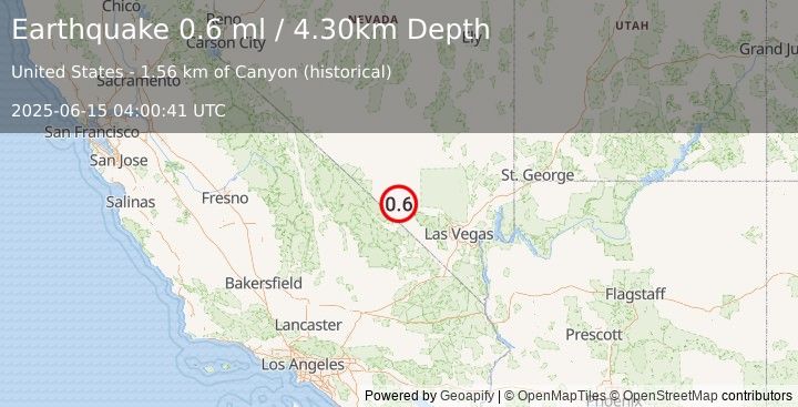 Earthquake 48 km SE of Beatty, Nevada (0.6 ml) (2025-06-15 04:00:41 UTC)