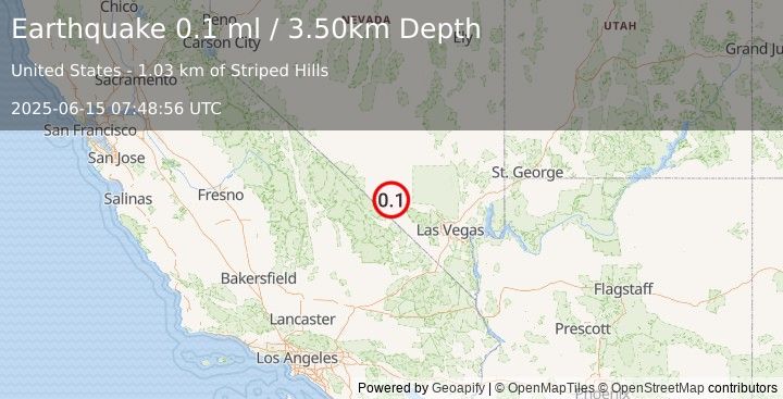 Earthquake 47 km SE of Beatty, Nevada (0.1 ml) (2025-06-15 07:48:56 UTC)