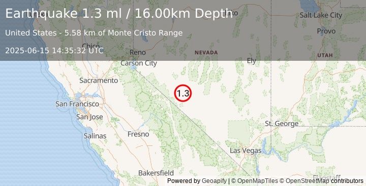 Earthquake 35 km SE of Mina, Nevada (1.3 ml) (2025-06-15 14:35:32 UTC)