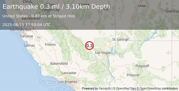 Earthquake 47 km SE of Beatty, Nevada (0.3 ml) (2025-06-15 17:50:04 UTC)
