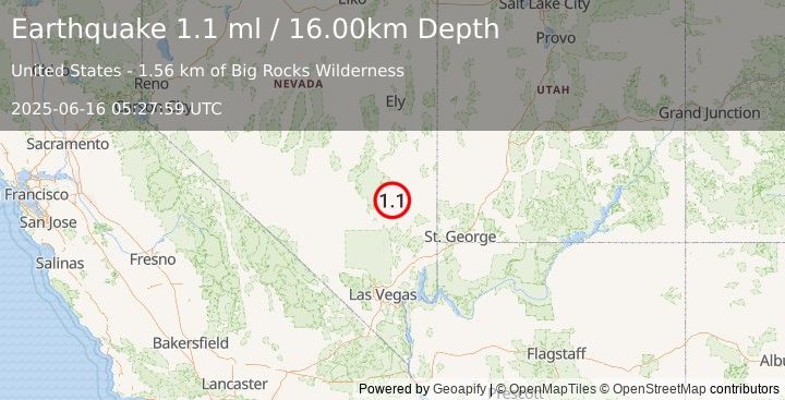 Earthquake 26 km ENE of Hiko, Nevada (1.1 ml) (2025-06-16 05:27:59 UTC)