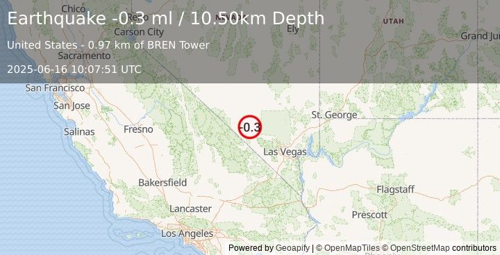 Earthquake 47 km ESE of Beatty, Nevada (-0.3 ml) (2025-06-16 10:07:51 UTC)