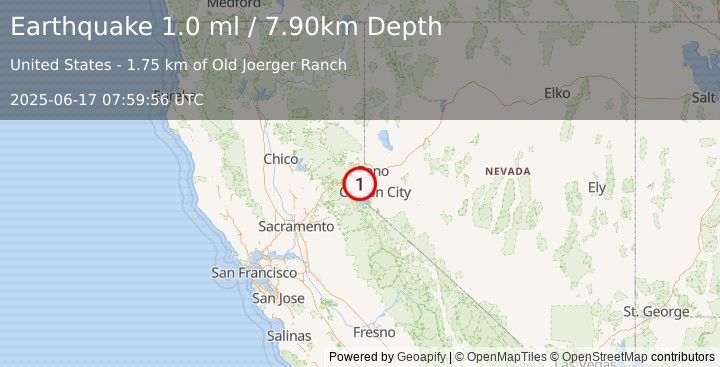 Earthquake 7 km ESE of Truckee, California (1.0 ml) (2025-06-17 07:59:56 UTC)