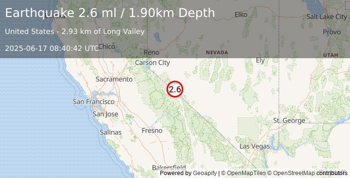 Earthquake 34 km SSW of Hawthorne, Nevada (2.6 ml) (2025-06-17 08:40:42 UTC)