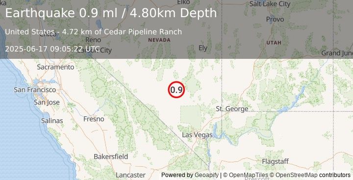 Earthquake 32 km WNW of Rachel, Nevada (0.9 ml) (2025-06-17 09:05:22 UTC)