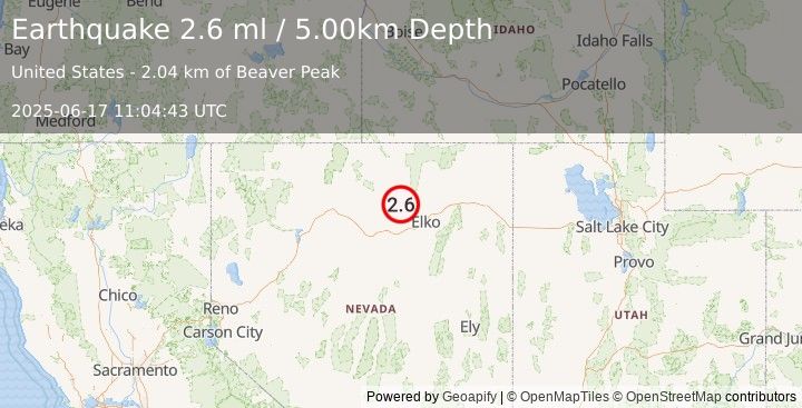 Earthquake 44 km NNW of Carlin, Nevada (2.6 ml) (2025-06-17 11:04:43 UTC)