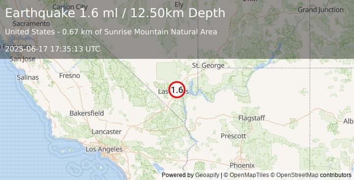 Earthquake 7 km ESE of Nellis Air Force Base, Nevada (1.6 ml) (2025-06-17 17:35:13 UTC)