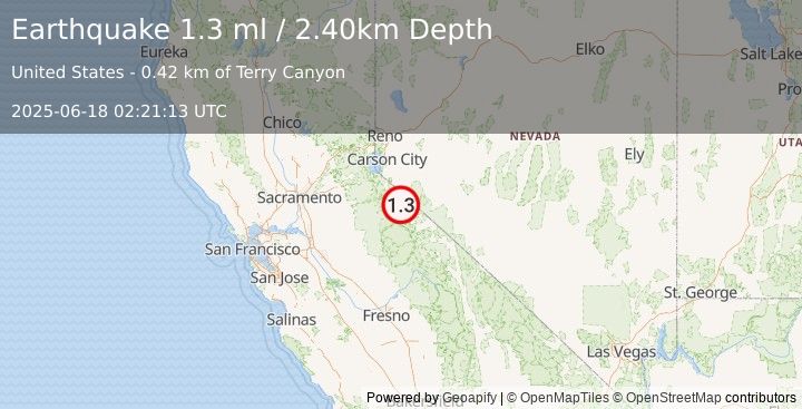 Earthquake 5 km SSW of Walker, California (1.3 ml) (2025-06-18 02:21:13 UTC)