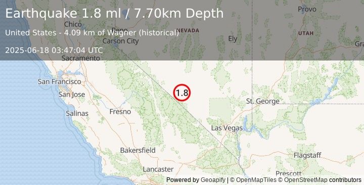 Earthquake 36 km SSE of Goldfield, Nevada (1.8 ml) (2025-06-18 03:47:04 UTC)
