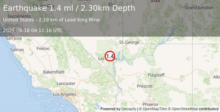 Earthquake 9 km NE of Nellis Air Force Base, Nevada (1.4 ml) (2025-06-18 04:11:16 UTC)