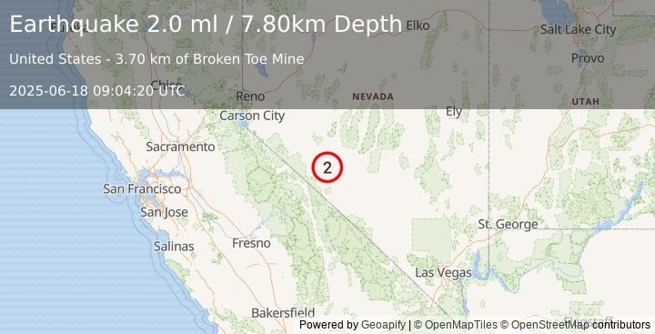 Earthquake 26 km SSE of Mina, Nevada (2.0 ml) (2025-06-18 09:04:20 UTC)