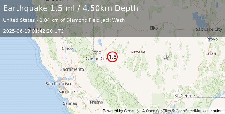 Earthquake 19 km SSE of Fallon Station, Nevada (1.5 ml) (2025-06-19 01:42:20 UTC)