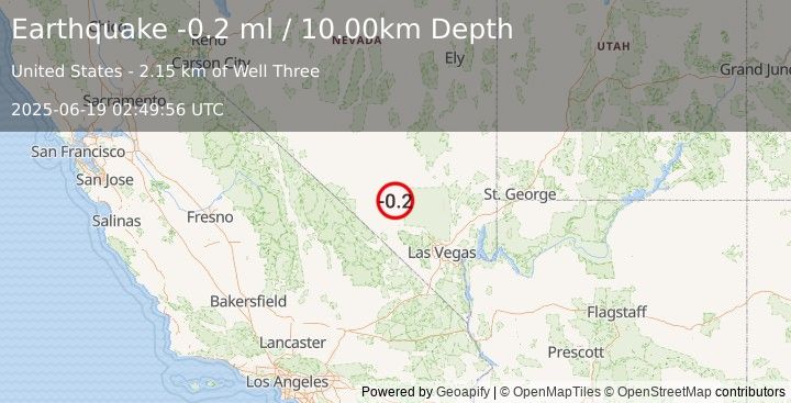 Earthquake 57 km NW of Indian Springs, Nevada (-0.2 ml) (2025-06-19 02:49:56 UTC)