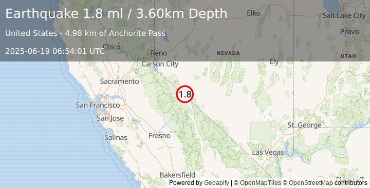 Earthquake 41 km ENE of Mono City, California (1.8 ml) (2025-06-19 06:54:01 UTC)