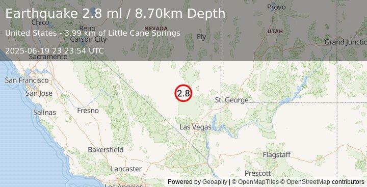 Earthquake 36 km S of Rachel, Nevada (2.8 ml) (2025-06-19 23:23:54 UTC)