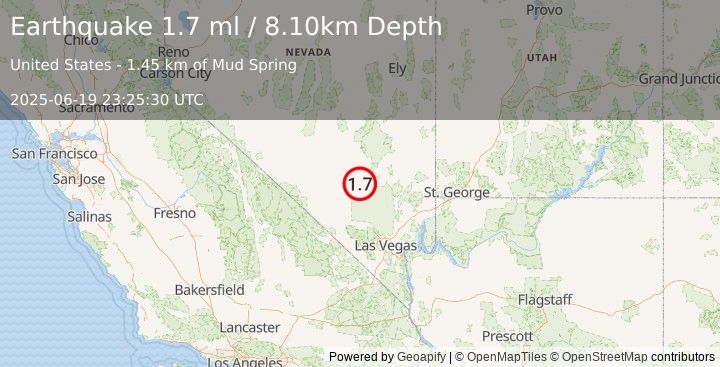 Earthquake 43 km S of Rachel, Nevada (1.7 ml) (2025-06-19 23:25:30 UTC)