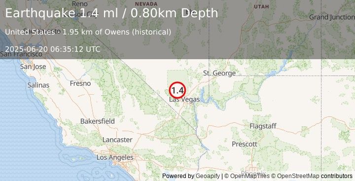 Earthquake 22 km ESE of Indian Springs, Nevada (1.4 ml) (2025-06-20 06:35:12 UTC)