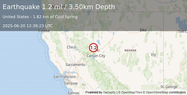 Earthquake 2 km NNE of Cold Springs, Nevada (1.2 ml) (2025-06-20 12:39:23 UTC)