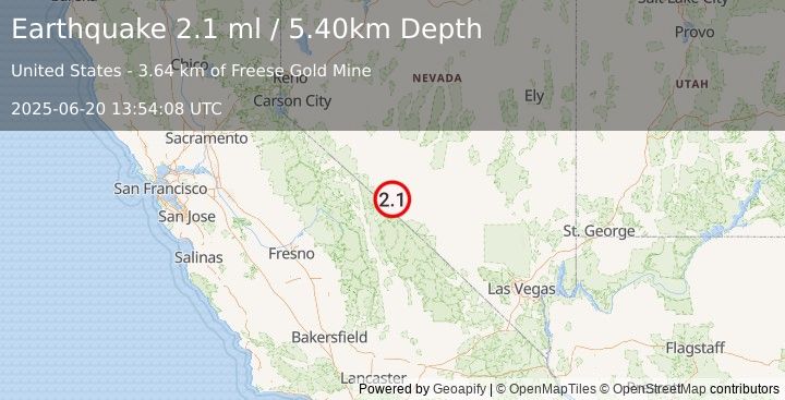 Earthquake 20 km SSW of Silver Peak, Nevada (2.1 ml) (2025-06-20 13:54:08 UTC)