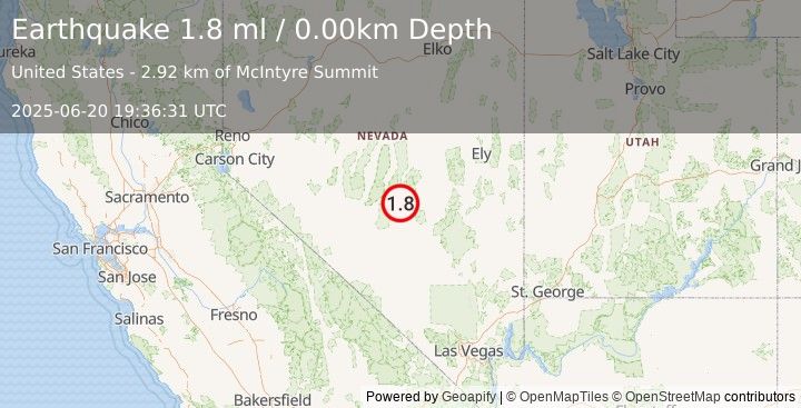 Earthquake 78 km NE of Tonopah, Nevada (1.8 ml) (2025-06-20 19:36:31 UTC)