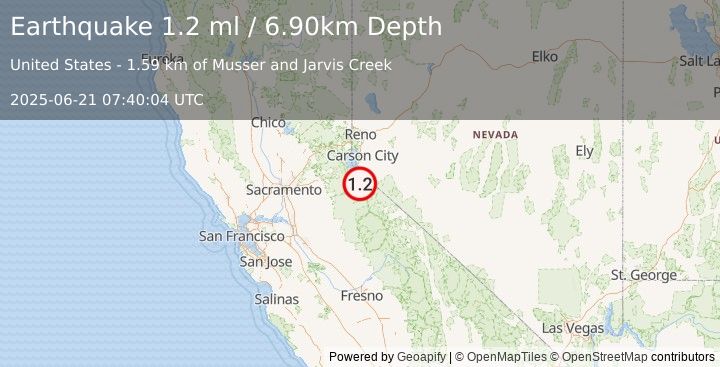 Earthquake 3 km WSW of Markleeville, California (1.2 ml) (2025-06-21 07:40:04 UTC)