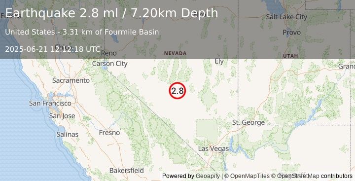Earthquake 45 km ENE of Tonopah, Nevada (2.8 ml) (2025-06-21 12:12:18 UTC)