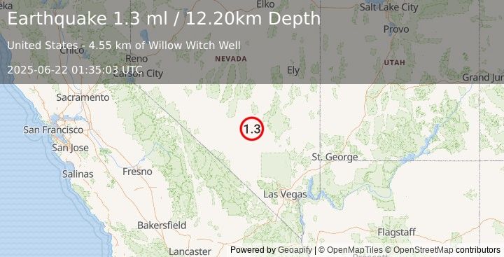 Earthquake 42 km WNW of Rachel, Nevada (1.3 ml) (2025-06-22 01:35:03 UTC)