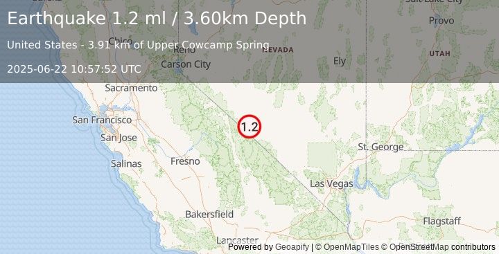 Earthquake 20 km SSW of Silver Peak, Nevada (1.2 ml) (2025-06-22 10:57:52 UTC)