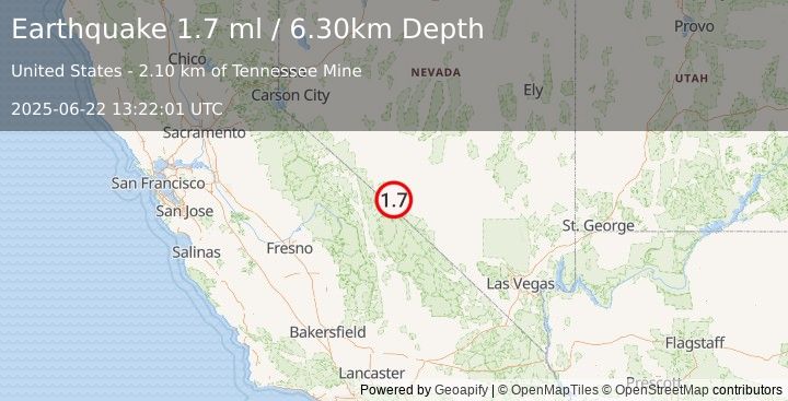 Earthquake 29 km S of Silver Peak, Nevada (1.7 ml) (2025-06-22 13:22:01 UTC)