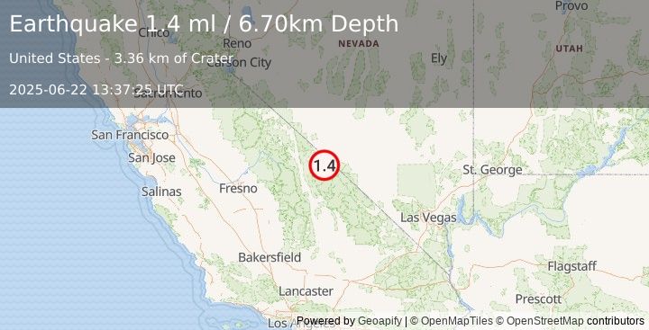 Earthquake 54 km E of Big Pine, California (1.4 ml) (2025-06-22 13:37:25 UTC)