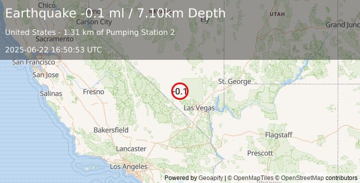 Earthquake 33 km WNW of Indian Springs, Nevada (-0.1 ml) (2025-06-22 16:50:53 UTC)