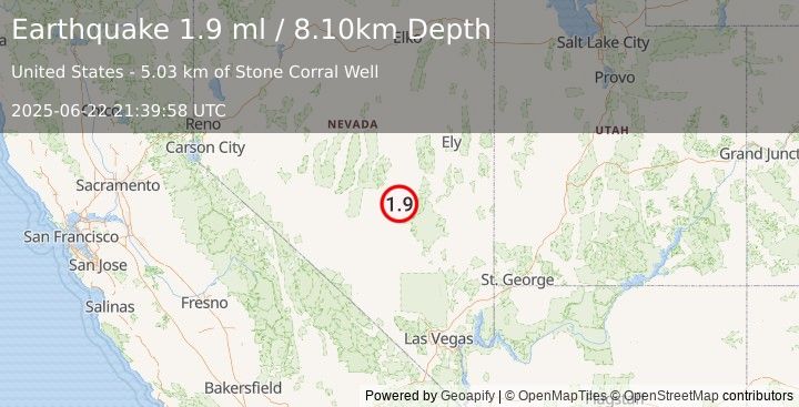 Earthquake 73 km NNW of Rachel, Nevada (1.9 ml) (2025-06-22 21:39:58 UTC)
