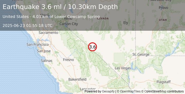 Earthquake 18 km SSW of Silver Peak, Nevada (3.6 ml) (2025-06-23 01:55:18 UTC)