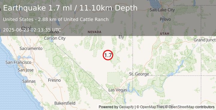 Earthquake 62 km N of Rachel, Nevada (1.7 ml) (2025-06-23 02:13:35 UTC)