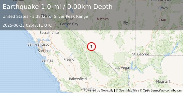 Earthquake 20 km ESE of Dyer, Nevada (1.0 ml) (2025-06-23 02:47:11 UTC)