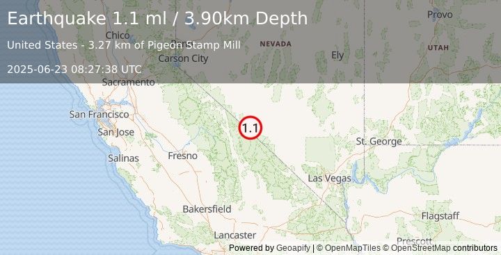 Earthquake 34 km S of Silver Peak, Nevada (1.1 ml) (2025-06-23 08:27:38 UTC)