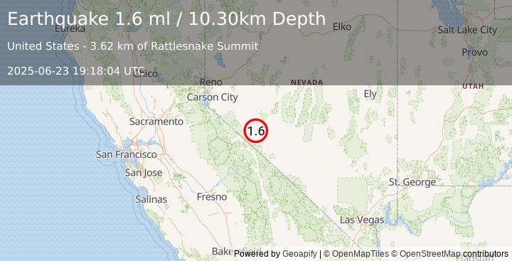 Earthquake 26 km SE of Hawthorne, Nevada (1.6 ml) (2025-06-23 19:18:04 UTC)