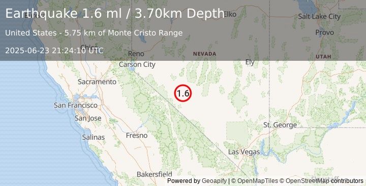 Earthquake 36 km SE of Mina, Nevada (1.6 ml) (2025-06-23 21:24:10 UTC)