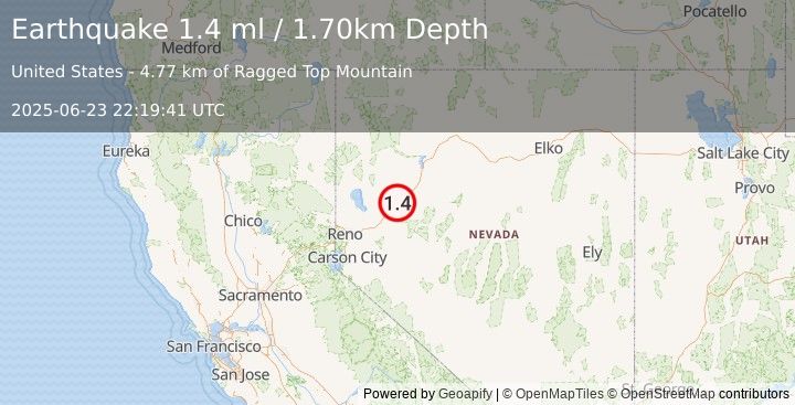 Earthquake 31 km SW of Lovelock, Nevada (1.4 ml) (2025-06-23 22:19:41 UTC)