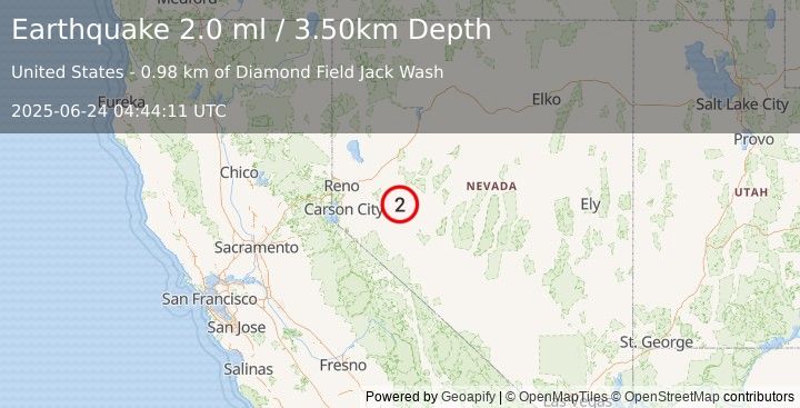 Earthquake 20 km SSE of Fallon Station, Nevada (2.0 ml) (2025-06-24 04:44:11 UTC)