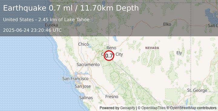 Earthquake 3 km W of Glenbrook, Nevada (0.7 ml) (2025-06-24 23:20:46 UTC)